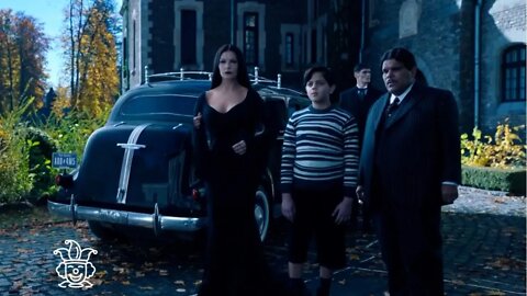 Wednesday farewells her parents Morticia and Gomez, and her brother Pugsley.