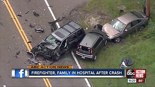 Firefighter, family in hospital after crash