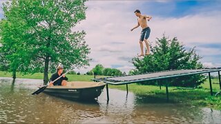 TRAMPOLINE TRICKS INTO FLOODED BACKYARD!