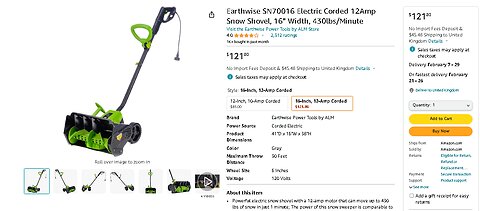 Electric Corded 12Amp Snow Shovel