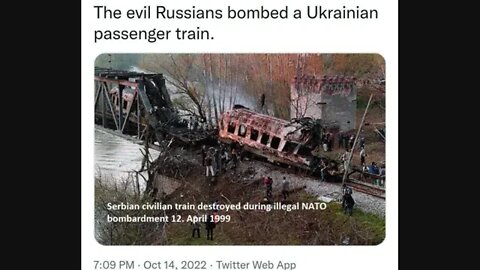 A picture of Serbian civilian train destroyed by US circulating social networks as Russian attrocity