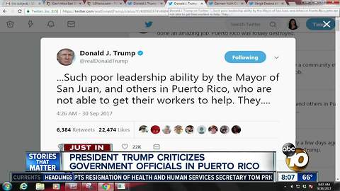 President Trump criticizes government officials in Puerto Rico