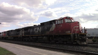 Manifest Train Westbound CN 2714 BC Rail 4653 & CN 2227 Locomotives In Ontario
