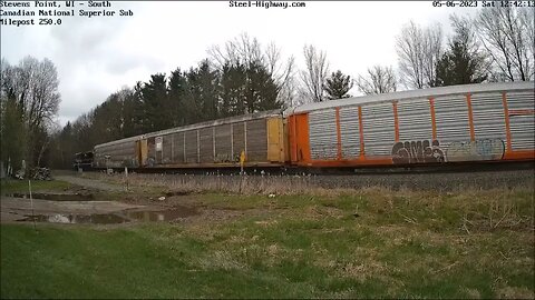 NB IntermodalAutorack with CN 3023 and 3008 in Stevens Point, WI and Munger, MN on May 6, 2023