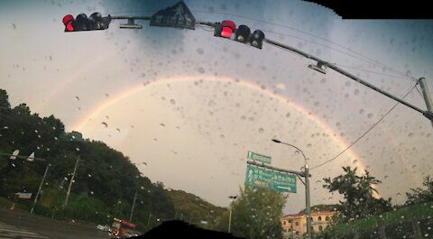 A rainbow on a rainy day