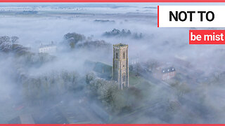 Stunning footage captures church spire piercing thick 'radiation fog' covering village