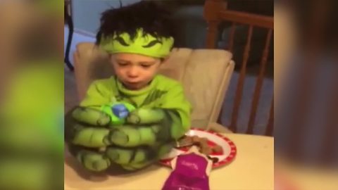 Little Boy Doesn't Want To Take Off His Hulk Gloves