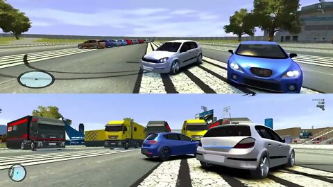 GTA 4 - Splitscreen Multiplayer - Drag Races with Crashes [Opel Astra VS Seat Leon]