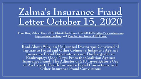 Zalma's Insurance Fraud Letter - 10-15-2020