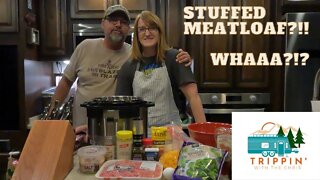 Air fryer cooking stuffed meatloaf in a RV.