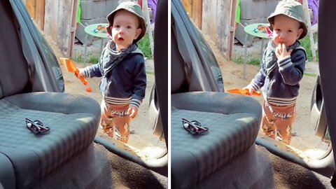 Silly Toddler "Helps" Mom Clean The Car