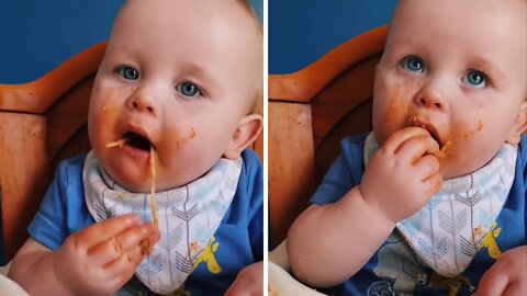 Baby Gets Totally Messy Eating Spaghetti With His Hands
