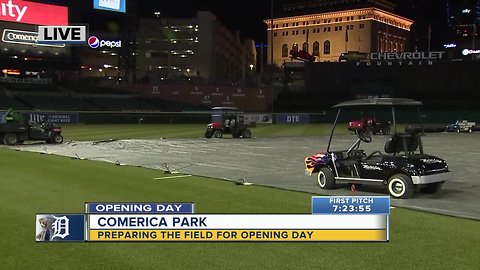 Preparing the field for Opening Day at Comerica Park