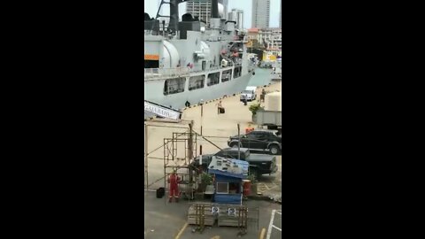 Footage of Sri Lanka's President fleeing on military ship from Colombo harbor.