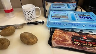 Pre Holiday Feast Breakfast with Elveshelves. Coffee, Air Fryer Potatoes, Bacon & Eggs.