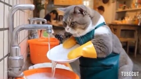 Cat Washing Dishes for food:Only Haters would Say this is Fake what do you Say?