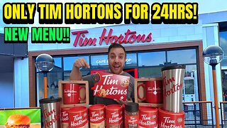I Only Ate TIM HORTONS For 24hrs | BRAND MENU ITEMS (2023!) FOOD CHALLENGE!