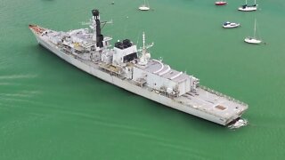 HMS Monmouth F235 Type 23 Duke class frigate laid up 4k drone footage.