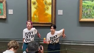 Climate activists 🤮defile Van Gogh's Sunflowers at the N.Gallery and glued themselves the wall