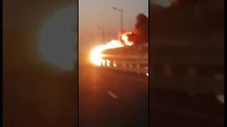 #crimea bridge is on fire. A portion of the road bridge has collapsed.