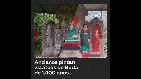 Pensionistas pintan estatuas milenarias de Buda
