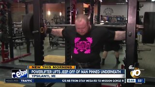 Powerlifter lifts jeep off of man pinned underneath