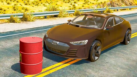 Audi E-Tron vs Explosive Barrel – BeamNG.Drive