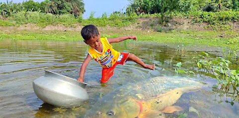 Amazing Hand Fishing Video | Traditional Boy Catching Fish By Hand in Pond Water