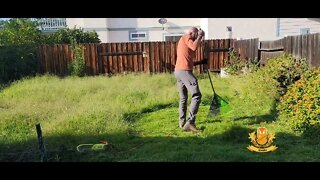 Yombo taking care of his overgrown backyard using a Ryobi.