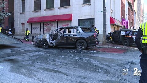 Two MTA police cars collided creating a fiery scene in downtown Baltimore