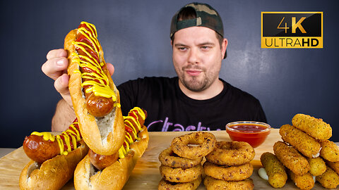 ASMR GIANT Hot Dogs, Mozzarella Sticks & Onion Rings Mukbang