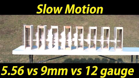 5.56, 12 gauge, and 9mm vs drywall in slow motion