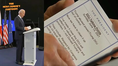Biden fiddles with flashcards featuring anti Trump talking points during G7 press conference.