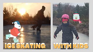 Ice skating with kids on backyard ice rink