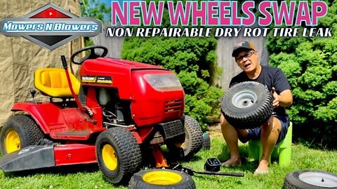 HOW TO EASILY QUICKLY CHANGE FRONT DRY ROTTED LEAKING MTD YARDMACHINES YARDMAN LAWN TRACTOR WHEELS