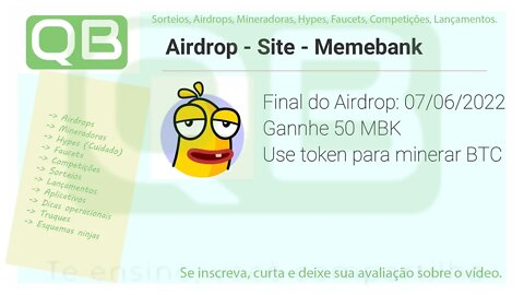 Airdrop - Site - MemeBank - Ganhe 5$ (50 MBK) + Faucet BTC - Final 07/06/2022