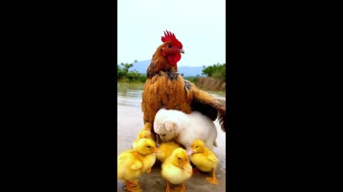 Mother chicken keeps the babies out of the rain