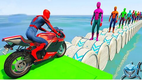 GTA V MEGA RAMP BOATS CARS MOTORCYCLE WITH TREVOR ALL SUPER HEROES NEW STUNT MAP CHALLENG