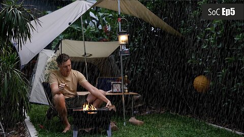 Backyard Camping in the rain, cosy campfire, SoC