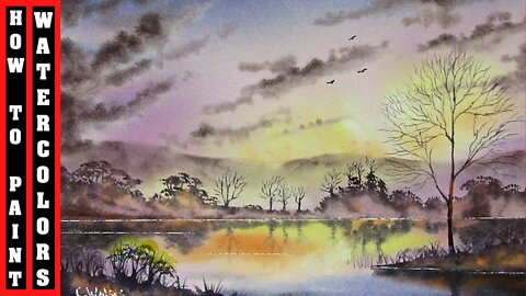 HOW TO PAINT A AUTUMN SUNSET SKY LANDSCAPE IN WATERCOLOR