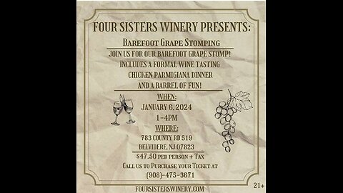 1/6/24: Barefoot Grape Stomping at Four Sisters Winery (Belvidere)