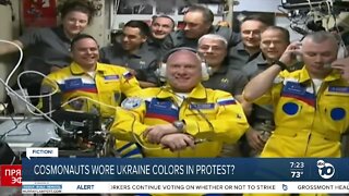 Russian cosmonauts dressed in colors of Ukraine's flag?
