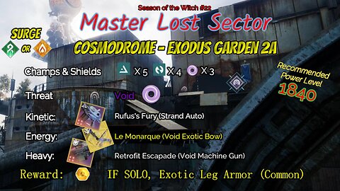 Destiny 2 Master Lost Sector: Cosmodrome - Exodus Garden 2A on my Arc Warlock 9-12-23