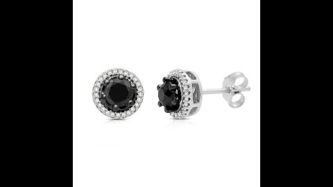 Jewelili Sterling Silver 1 Cttw Treated Black and Natural White Round Diamonds Halo Stud Earrin...