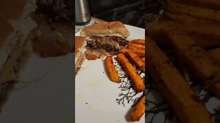 what's for dinner? BBQ bacon cheeseburger and sweet potato fries yummy(2)