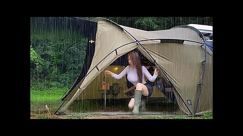 Solo camping soaked in rainstorm Real heavy rain Relaxing deep sleep ASMR