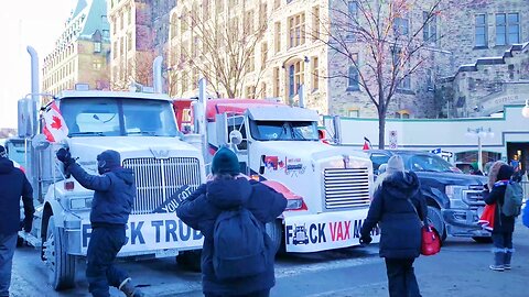FREEDOM CONVOY Canadian Truckes in Ottawa - Downtown Walk to Parliament Hill During Protest