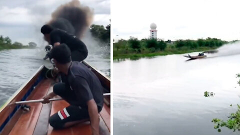 Testing turbocharged boat by the river