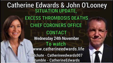 John O'Looney & Catherine Edwards 24th Nov: Thrombosis Deaths & Chief Coroners Office Contact!