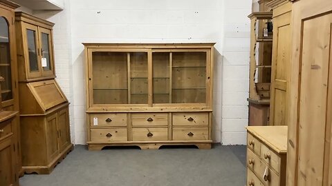Very Large Glazed Pine Display Cabinet With Sliding Doors And Drawers (Y4500N) @PinefindersCoUk